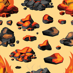 burning embers pattern. hot black coals for grill and barbecue, smoldering coal briquette glowing in fireplace, ash warm pieces. vector cartoon seamless pattern.