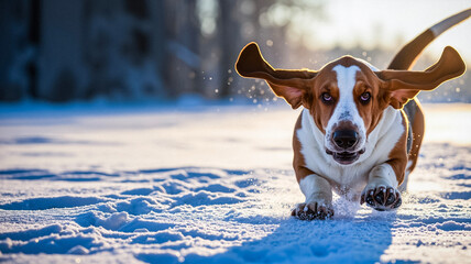 Basset hound with long ears running playfully in winter snow  