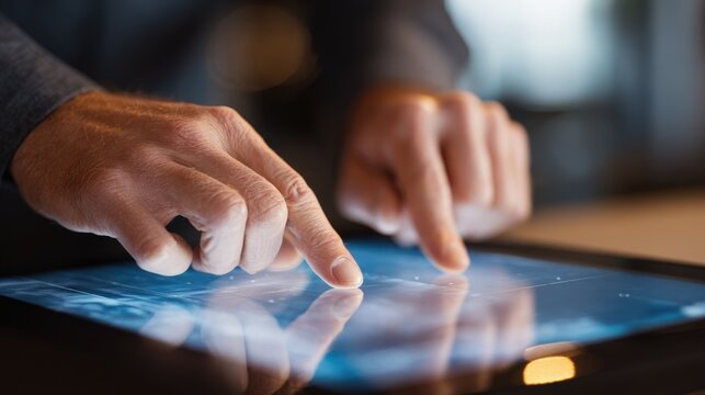 Closeup of hands navigating a touchscreen on a desktop device focusing on adjusting software to optimize touch responsiveness.