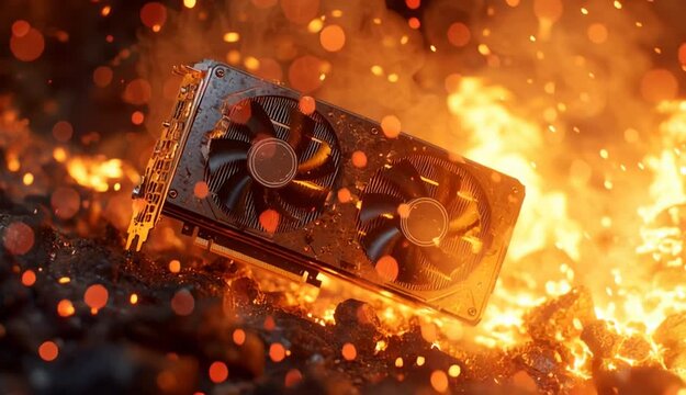 Bitcoin crypto mining rig. A vivid, highresolution computer graphics card in the midst of a fiery explosion. The scene is set against a backdrop of a dark.

