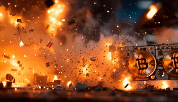 Bitcoin crypto mining rig. A vivid, highresolution computer graphics card in the midst of a fiery explosion. The scene is set against a backdrop of a dark.
