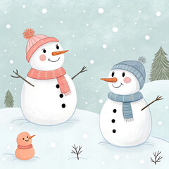 Hand-drawn snowman doodles, seamless layout, light watercolor texture, gentle winter mood.