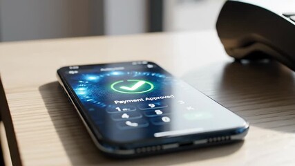 Smartphone processing digital payment on counter with POS terminal - Powered by Adobe