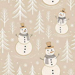 Minimalist snowman silhouettes pattern, monochrome beige, tan, and white, luxury wrapping paper vibe.