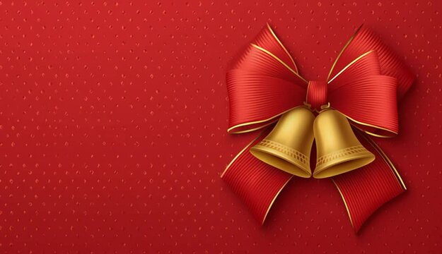Red background template with golden bell ribbon bow for holiday greeting card
