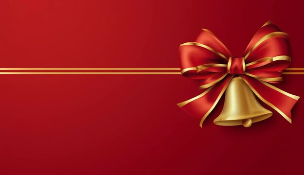Red background template with golden bell ribbon bow for holiday greeting card

