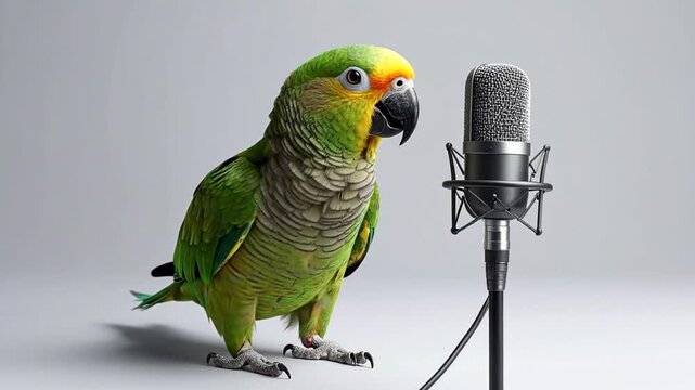 A charismatic green parrot approaches a classic studio microphone, ready to vocalize its unique message or perform, highlighting an intriguing animal communication concept