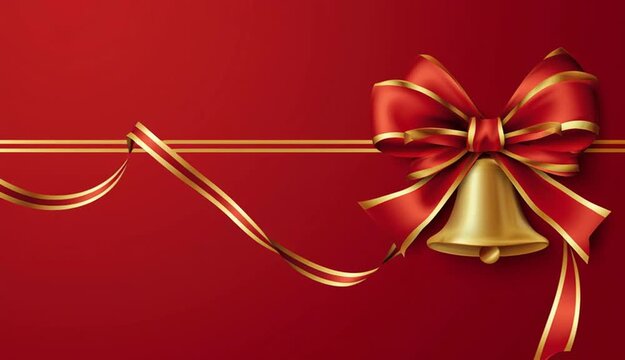 Red background template with golden bell ribbon bow for holiday greeting card
