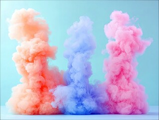 Three columns of colorful smoke rise against a light blue background. The smoke is in shades of orange, blue, and pink.