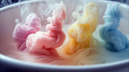 An abstract image of colorful smoke plumes rising from a bowl. The smoke is in shades of pink, yellow, and blue, creating a soft, ethereal atmosphere.