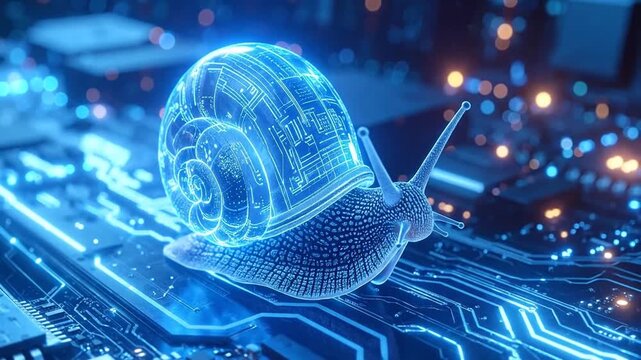 Digital Snail on Circuit Board Slow Technology Concept