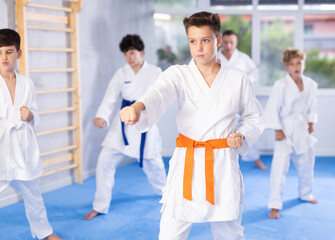 Focused teenage boy with group of karate practitioners wearing white kimonos diligently performing kata routines to hone martial arts skills in training room