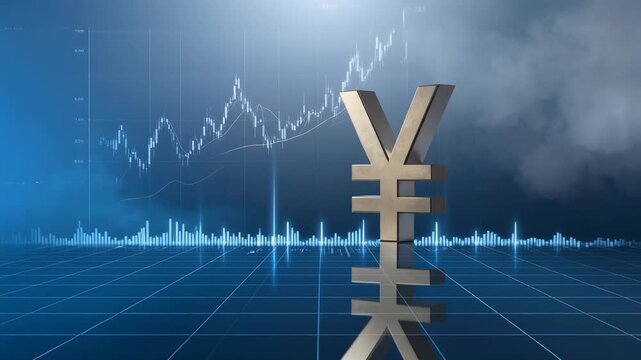 円のシンボルが青い背景に浮かぶ為替と経済をテーマにしたビジネス構図