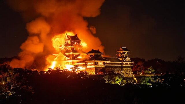 炎が立ち上る夜の城が落城する瞬間を捉えた劇的な情景