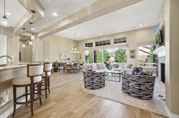 Elegant Open Layout, Refined Open Concept Space Showcasing Central Island Along With Warm Seating...