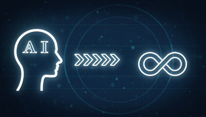 AI concept image:  A conceptual image depicting a digital transformation, featuring a stylized human head representing artificial intelligence, alongside an infinity symbol.