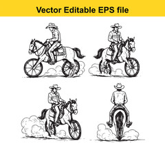 Obraz premium collection of four black and white vector illustrations depicting cowboys riding horses from different perspectives, isolated on white background