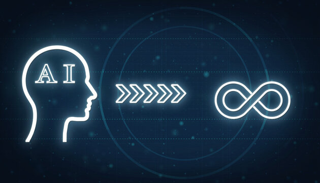 AI concept image:  A conceptual image depicting a digital transformation, featuring a stylized human head representing artificial intelligence, alongside an infinity symbol.