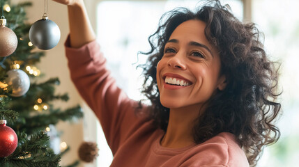 Latina woman laughing while decorating the Christmas tree at home. Festive family moment