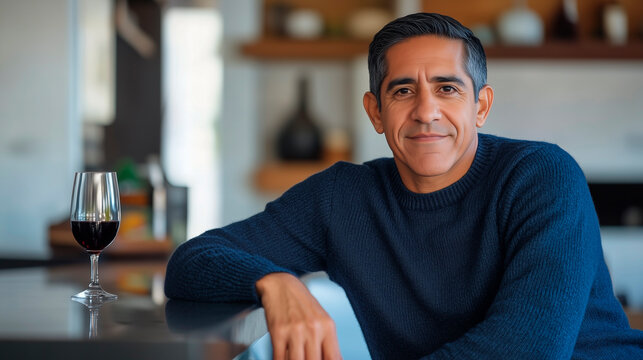 Hispanic man with a glass of red wine in his living room, enjoying the Christmas holidays