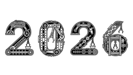 Mechanical 2026 New Year Design Showing Gears and Robotic Arms in Black and White