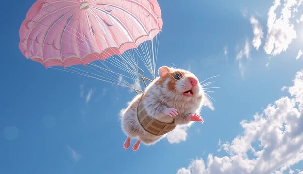 hamster parachuting into the sky. The hamster is depicted in midair, with a parachute attached to its back