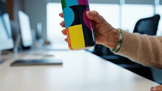 Person's Hand Reaching for a Vibrant CMYK Bottle on an Office Desk