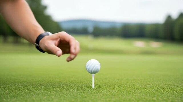 Golf ball placement on tee captured in detailed sequence. precision and focus in preswing ritual.