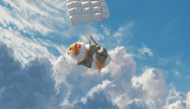 hamster parachuting into the sky. The hamster is depicted in midair, with a parachute attached to its back