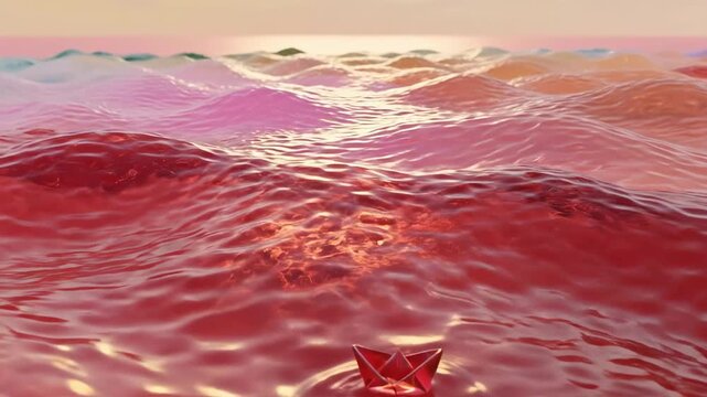 pinkworld - A serene, stylized scene featuring a delicate origami boat sailing across smooth, crimson waves under a soft pastel sky, capturing a dreamy and imaginative atmosphere