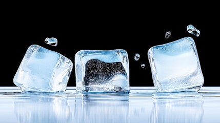 Three ice cubes with water droplets splashing on a reflective surface against a black background. The image evokes a sense of coolness and refreshment.