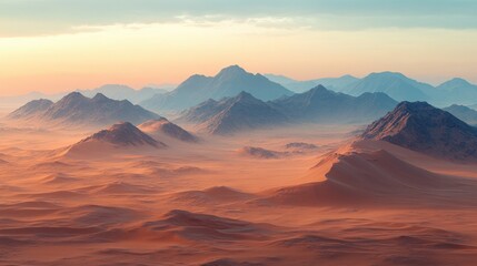 Naklejka premium A breathtaking panoramic view of a vast desert landscape dominated by towering mountains, bathed in the warm glow of a vibrant sunset. The scene evokes a sense of solitude and awe.