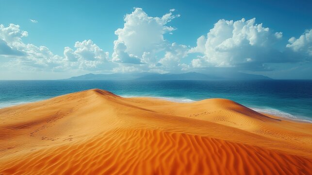 A vast sandy dune landscape under a brilliant blue sky dotted with fluffy white clouds. Evokes feelings of vastness, serenity, and natural beauty. Ideal for landscapes, travel, and nature photography. - Powered by Adobe