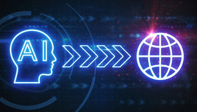 Artificial Intelligence and Global Connectivity: A glowing digital representation of artificial intelligence merges seamlessly with a world map, representing the fusion of AI and global connections.