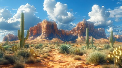 Dramatic desert landscape featuring towering red rock formations and a partly cloudy blue sky. Evokes a sense of vastness and geological wonder.