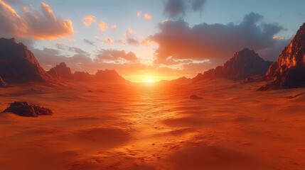 A breathtaking view of a vibrant sunset casting long shadows over a desolate, rocky mountain landscape. The sky is filled with dramatic colors and cloud formations.