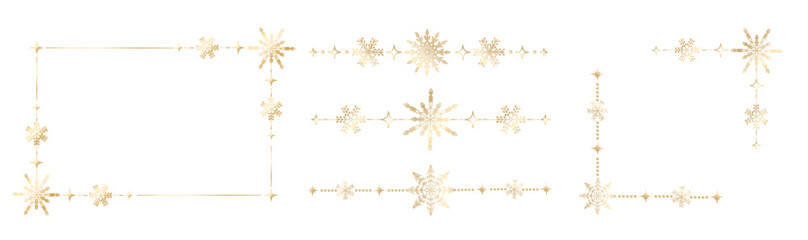 Fototapeta premium Set of golden Christmas borders and corner frames with snowflakes and shiny stars. Elegant straight metallic ornaments for holiday cards, luxury packaging, winter invitations and festive branding. Vec
