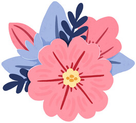 Isolated pink flower with purple leaves illustration. Cute floral doodle for floral border, floral edge, floral arrangement, journaling, planner, greeting card, and decorative projects