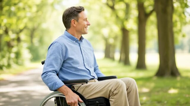 A man in a wheelchair moving along a treelined path, smiling with confidence and positivity. this sequence exemplifies mobility and empowerment in natural surroundings.