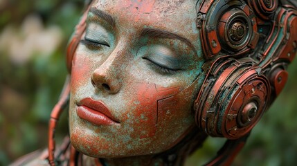 A striking close-up portrait of a robotic face featuring glowing blue eyes and red lips. The blurred green background emphasizes the subject's futuristic and slightly unsettling appearance.
