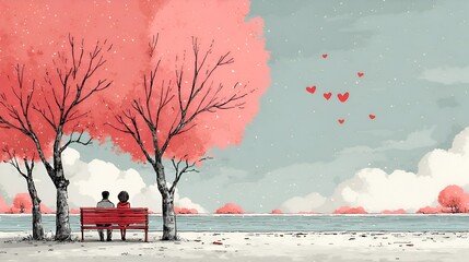 A loving couple sits on a bench under blossoming pink trees watching hearts float into the sky above a serene seaside landscape painting.