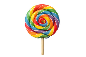 Swirling rainbow lollipop showing colorful candy spiral, sweet treat isolated with transparent background