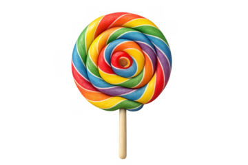 Swirling rainbow lollipop showing colorful candy spiral, sweet treat isolated with transparent background