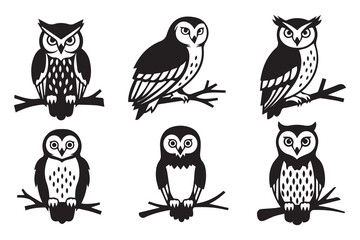Wise Owl Silhouette Vector Collection: Set of Night Bird Icons on a Branch - Various Poses and Styles - Mascot, Logo, and Nature Symbol Pack for Education and Design
