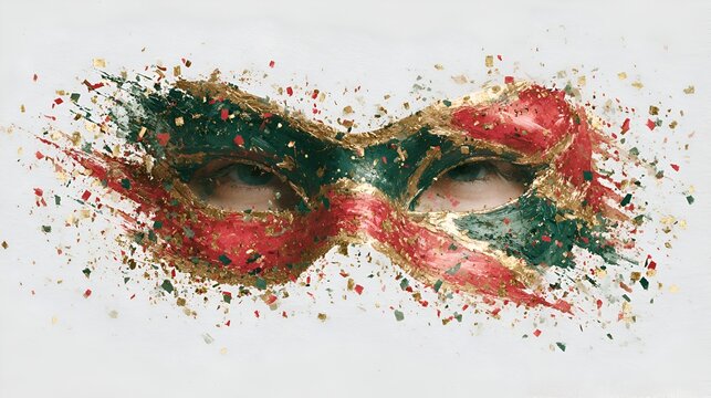 Colorful carnival mask in red, green, and gold paint, with woman's eyes pee through on a bright white textured abstract background.