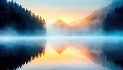 Obraz premium A tranquil landscape scene featuring a lake reflecting the sunrise, surrounded by mountains and a forest, with a misty atmosphere.