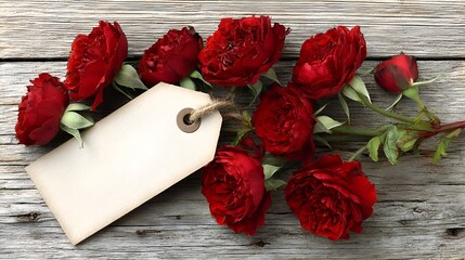 A romantic arrangement of deep red roses lying beside a blank vintage tag on rustic gray wood provides space for heartfelt sentiments.