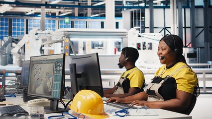 Solar energy female expert providing remote support in solar panel plant, working in customer support call center. Technician sales representative offers maintenance, high tech factory. Camera B.