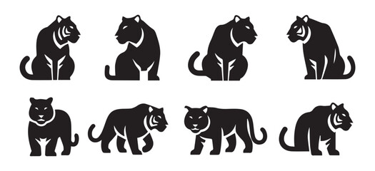 Black Tiger Silhouette Vector Set. Wild Animal Mascot Collection in Various Poses  Sitting, Walking, and Standing - Bold Icon Pack for Logo, Esport, Tattoo, and T-shirt Design