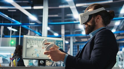 Photovoltaics factory worker monitors system performance using virtual reality tech. Solar panels manufacturing plant employee using VR headset to track energy production and efficiency, camera A